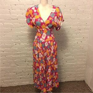 Ann Tijan for Kenar vtg 80s fit & flare dress graphic print pink size 6fits 4